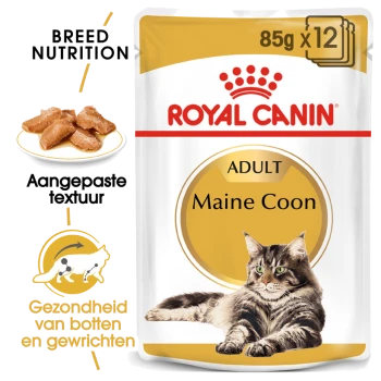 Royal Canin Adult Maine Coon kattenvoer verpakking, met een Maine Coon kat, met tekst die de voeding van het ras en de gewrichtsgezondheid benadrukt.