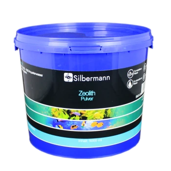 Blauer Behälter mit Silbermann Zeolith Pulver für Aquarien, beschriftet mit Inhalt und Volumen (5000 ml).