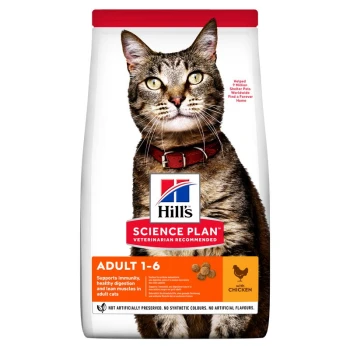 Hill's Science Plan cat food bag featuring a tabby cat with a red collar. Text highlights "Adult 1-6" and nutritional benefits.