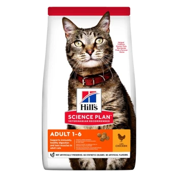 Hill's Science Plan kattenvoer zak met een tabby kat met een rode halsband. Tekst benadrukt 'Adult 1-6' en voedingsvoordelen.
