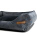 Graues Haustierbett mit erhöhten Rändern und einem weichen Kissen, mit einem braunen Etikett mit 'RexProduct.com' an der Seite.