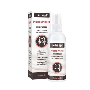 Felisept Pfotenpflege für Katzen, Sprühflasche und Verpackung, Pfotenpflege mit Aufschrift 'Schutz und Pflege für Katzenpfoten'.