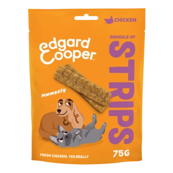 Edgard Cooper Snuggle Up Strips dog treats packaging with a playful dog and cat illustration, featuring "Mmmmeaty" and "FRESH CHICKEN, YES REALLY."