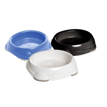 Three pet food bowls in blue, white, and black, featuring a non-slip base design.