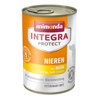 Konserviertes Hundefutter von Animonda, "Integra Protect," in leuchtendem Orange, beschriftet mit "Nieren mit Huhn" und "Veterinary Diet."