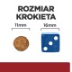 Obrazek porównujący rozmiar granulatu dla zwierząt (11 mm) obok niebieskiej kostki do gry (16 mm), z napisem "ROZMIAR KROKIETA" powyżej.