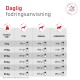 Dänische Fütterungstabelle mit Titel „Daglig fodringsanvisning“, zeigt Gewichte 5–50 kg und Grammportionen für Tynd, Normal, Overvægtig.