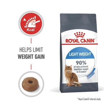 Royal Canin Light Weight cat food bag with brown kibble, promoting weight gain prevention and 90% of cats achieving healthier weight in 8 weeks.