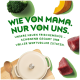 Grüner Hintergrund mit Brokkoli, Kürbisscheibe, rohem Fleisch, Holzlöffel, Topf und deutschem Text über frische, schonend zubereitete Mahlzeiten mit wertvollen Zutaten.