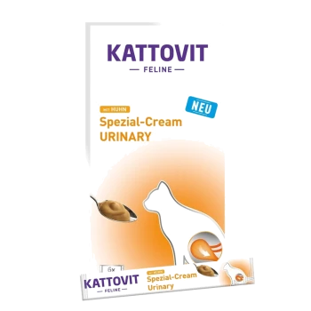 Kattovit Feline Spezial-Cream Urinary mit Huhn, mit einem Löffel cremigem Katzenfutter und einer Silhouette einer Katze.