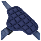 Blue padded dog harness strap with quilted design and adjustable nylon webbing.