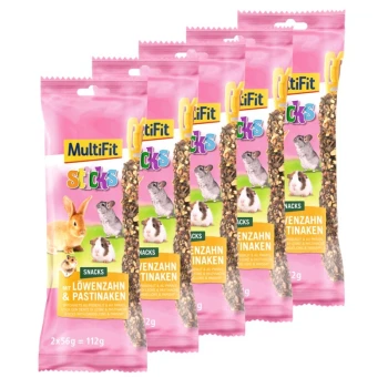 Przekąski dla małych zwierząt MultiFit Sticks, w różowym opakowaniu z obrazkami królika, świnki morskiej i szynszyla.