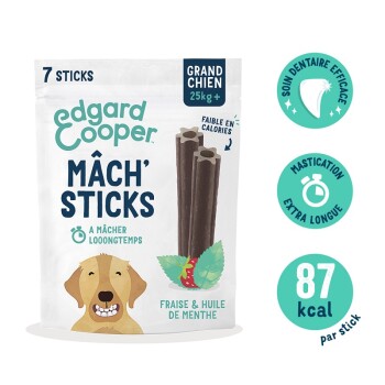 Edgard Cooper Mâch' Sticks pour grands chiens, 7 bâtonnets par paquet, aromatisés à l'huile de fraise et de menthe, 87 kcal par bâtonnet, soin dentaire efficace.