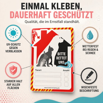 Feuerwehrmann hält einen Welpen vor einem Feuer, mit rotem Notfall-Aufkleber für Haustierrettung „Bitte rettet uns.“
