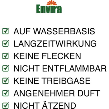 Envira-Logo mit Produktvorteilen auf Deutsch: wasserbasiert, langlebig, keine Flecken, nicht brennbar, kein Treibgas, angenehmer Duft, nicht korrosiv.