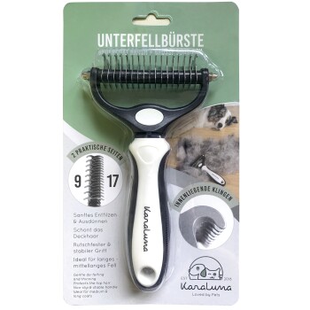 Verpackung für ein Haustierpflegewerkzeug mit einer doppelseitigen Unterfellbürste mit einem schwarz-weißen Griff, beschriftet mit 'Unterfellbürste' und 'Karaluna'.