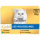 Purina Gourmet Gold Les Mousselines kattenvoerdoos met witte langharige kat, tekst '12x 85 g' en merknaam zichtbaar