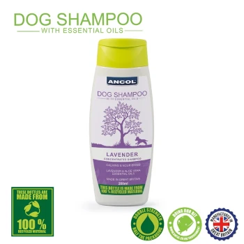 Ancol Dog Shampoo bottle with essential oils, labeled "Lavender," 200ml. Features calming and nourishing claims, made from 100% recycled material.