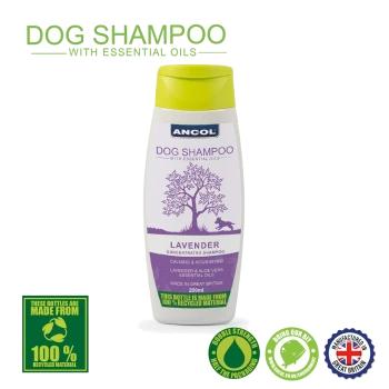 Ancol Dog Shampoo bottle with essential oils, labeled "Lavender," 200ml. Features calming and nourishing claims, made from 100% recycled material.