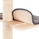 Plateforme d'arbre à chat avec une zone de repos douce et rembourrée avec une housse en tissu gris, et un griffoir en sisal.