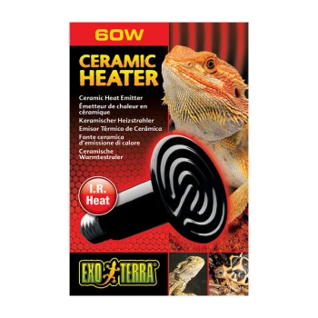 Opakowanie produktu ceramicznego grzejnika z 60W ceramicznym emiterem ciepła, z obrazem smoka brodatego i tekstem w wielu językach.