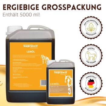 Zwei Supravit Leinöl-Kanister mit orangefarbenen Etiketten 'LEINÖL' und 'Enthält 5000 ml!' sowie drei deutsche Qualitätsabzeichen