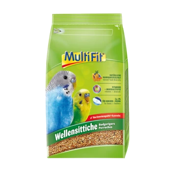 Eine bunte Tüte MultiFit Vogelfutter mit zwei Wellensittichen, einem blauen und einem gelben, mit Text, der natürliche Zutaten und Vitamine hervorhebt.