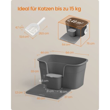 Graue Katzenstreu-Box mit einer Schaufel, beschriftete Maße, geeignet für Katzen bis zu 15 kg, mit einem abnehmbaren Abfallbehälter.
