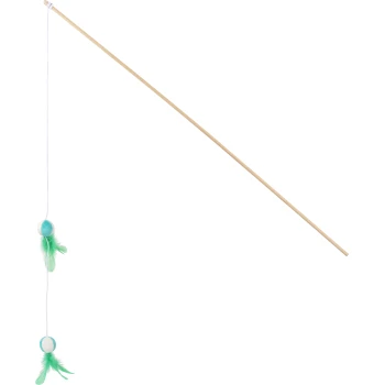 Katzenspielzeug-Stab mit einem Holzstab und zwei türkisfarbenen Pompons, geschmückt mit grünen Federn, entworfen für interaktives Spielen.