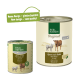 Dosen-Haustierfutter von Real Nature mit Lamm und Kalb, mit einem neuen Designetikett, das "Neues Design - gleiche Qualität!" angibt.