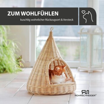 Ein tropfenförmiges Korb-Katzenbett mit einer roten Katze darin. Text: "ZUM WOHLFÜHLEN" und "kuschlig wohnlicher Rückzugsort & Versteck."