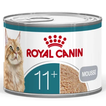 Royal Canin cat food can (MOUSSE) with cat image, "ROYAL CANIN" logo and "11+" age label