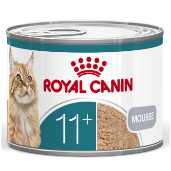 Puszka karmy dla kotów Royal Canin (MOUSSE) z wizerunkiem kota, logiem 'ROYAL CANIN' i oznaczeniem wieku '11+'.