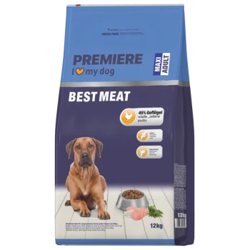 Premiere I love my dog Maxi Adult Best Meat Hundefutterbeutel mit 45% Geflügel, 12 kg, und ein Hund sitzt neben einer Schüssel mit Trockenfutter und Fleisch.