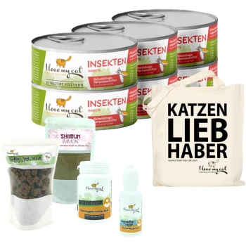 Dosen mit insektbasiertem Katzenfutter, Katzenzusätzen und einer Tragetasche mit der Aufschrift "KATZEN LIEB HABER."