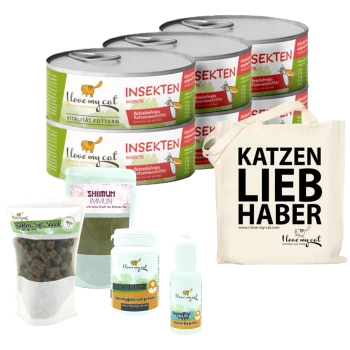 Dosen mit insektbasiertem Katzenfutter, Katzenzusätzen und einer Tragetasche mit der Aufschrift "KATZEN LIEB HABER."
