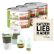 Dosen mit insektbasiertem Katzenfutter, Katzenzusätzen und einer Tragetasche mit der Aufschrift "KATZEN LIEB HABER."