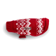 Roter Strickhundepullover mit weißem Fair-Isle-Muster, geripptem Kragen und Metallplakette mit der Aufschrift "WOLTERS".