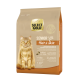 Select Gold Senior Hair & Skin Katzenfutterbeutel mit einer flauschigen orangefarbenen Katze. Der Text hebt "Senior +9 Jahre" und "Geflügel mit Lachs" hervor.