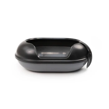 Schwarze Haustierschüssel mit transparentem Deckel und einem strukturierten Griff an der Seite, entworfen für einfachen Zugang und Reinigung.