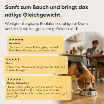 Bild zur Werbung für Haustierfutter von Milo & Mia, mit Text, der hervorhebt, dass es getreidefrei, ohne Zuckerzusatz und frei von Farbstoffen und Aromen ist.