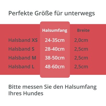 Größentabelle für Hundehalsbänder auf Deutsch, die Größen XS bis L mit Halsumfang und Breitenmaßen auflistet.