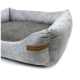 Grau Haustierbett mit einer weichen, plüschigen Oberfläche und erhöhten Rändern, mit einem braunen Etikett, das "RexProduct.com" liest.