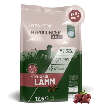 REAVET HypoConcept Adult Hundefutterbeutel, 'Mit frischem Lamm', 12,5 kg, gluten- und weizenfrei, Single-Protein-Symbole.