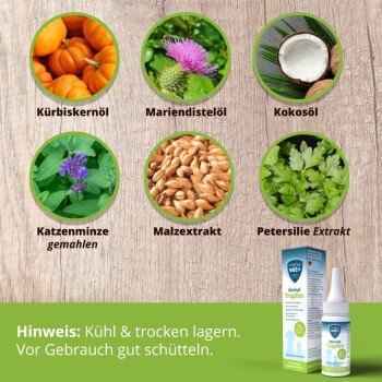 "Vermal Tropfen" Haustierergänzungsmittel in einer Tropfflasche, mit Kürbiskernöl, Mariendistel, Kokosnussöl, Katzenminze, Malzextrakt und Petersilie.