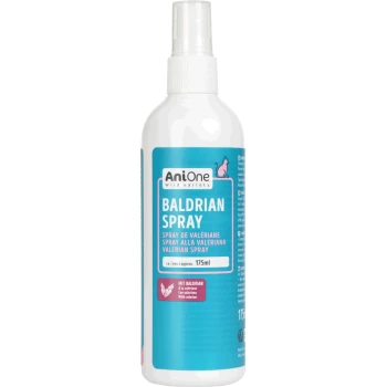 Spray AniOne Baldrian flacon de 175 ml pour animaux avec valériane, étiquette bleue et icône de chat rose.