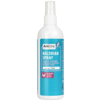 AniOne Baldrian Spray 175ml Flasche für Haustiere mit Baldrian, blaues Etikett und rosa Katzen-Symbol.