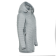 Hellgraue Daunenjacke mit Kapuze, mit einem Reißverschluss vorne und seitlichen Taschen, vor einem weißen Hintergrund präsentiert.