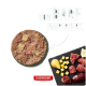 Rundes Fleischpatty mit Kartoffelstücken auf grünem Untergrund; Pfeil zu rohem Fleisch und Käse. Text: 'VON BARF INSPIRIERT.' FLEISCHESLUST.