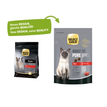 Zwei Select Gold Katzenfutterbeutel: "Pure Adult" und "ADULT PURE Rind," mit Katzen auf jedem. Text: "Neues DESIGN, gleiche QUALITÄT."